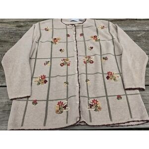 Carolyn Taylor Women's Floral Embroidered Cardigan Sweater Beige Cottagecore 3XL